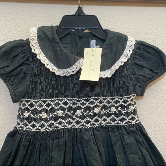 NWT Fantaisie Kids Olive & White Corduroy Dress - Picture 2 of 8